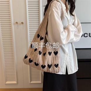 全球森系懒风ins针织慵包包大女容量心单肩包爱编织手提袋通勤托