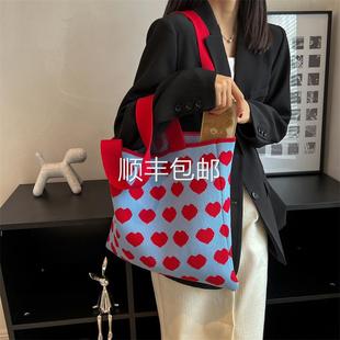 全球托森系is针包包女大织容量单肩包红色爱n心编织包手提袋通勤