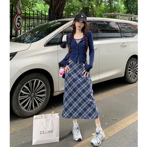秋季女装复古港风通勤辣妹套装假两件上衣+格子半身裙长裙纯欲