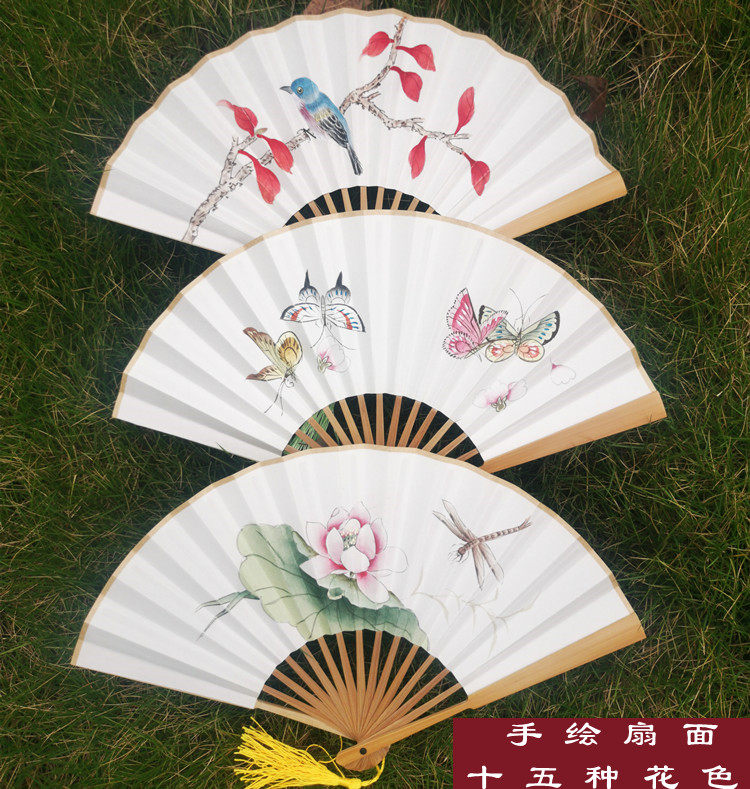 中国风文玩汉服舞蹈扇子5寸6寸手绘玉竹空白荷花牡丹洒金宣纸折扇