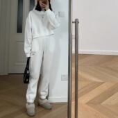 包邮 高腰收口小脚卫裤 秋冬港风帅气带帽短款 长袖 卫衣绒衫 套装 加绒