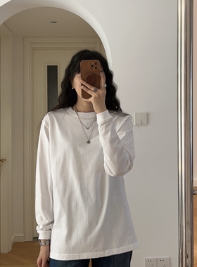 秋冬新款 法式简约纯色圆领宽松长袖T恤打底衫 情侣