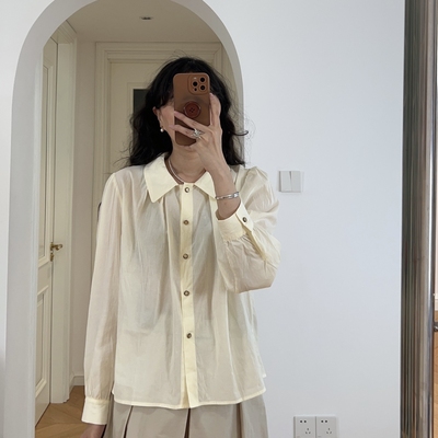 包邮秋装新款日系娃娃领翻领压褶衬衫长袖衬衣女小众设计感0.16KG