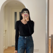 T恤 0.13KG 法式 简约黑色纯色V领打底衫 包邮 秋冬新款