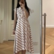 夏装 0.51KG 简约条纹收腰连衣裙侧开衩中长裙 新款 法式