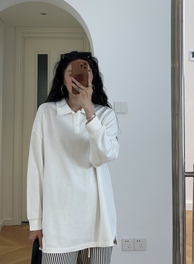 春装新款 港风帅气翻领中长款白色长袖T恤宽松 0.43KG
