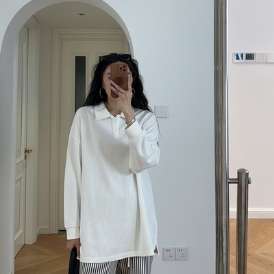 春装新款 港风帅气翻领中长款白色长袖T恤宽松 0.43KG