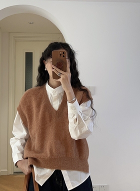 秋冬新款 日系宽松V领无袖针织衫毛衣马甲马夹背心 0.19KG