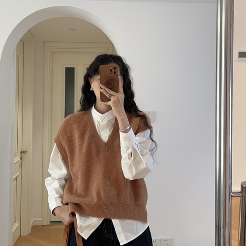 秋冬新款 日系宽松V领无袖针织衫毛衣马甲马夹背心 0.19KG