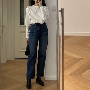 秋冬新款 港风中高腰牛仔裤小直筒阔腿裤 0.65KG