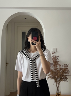 夏装新款 日系条纹披肩 白色短袖T恤 假两件套 0.18KG