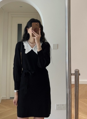 秋装新款 法式赫本风翻领优雅针织裙长袖连衣裙短裙