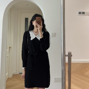 赫本风翻领优雅针织裙长袖 法式 连衣裙短裙 新款 秋装