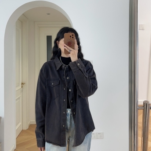 新款 0.6KG 秋装 牛仔衬衫 衬衣 复古简约深色翻领长袖 包邮 法式