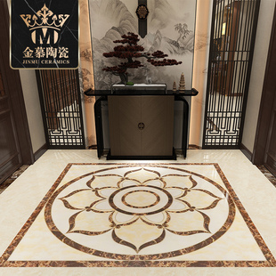 定制金色莲花拼花地砖佛系地面拼图瓷砖玄关大厅堂入户地板砖奢华