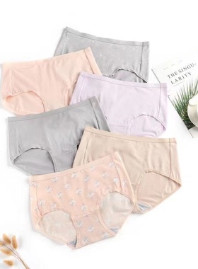 蝶安芬纯棉抗菌夏季透气印花素色组合6条中腰女士内裤E2823