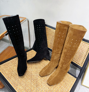 2025新款 洞洞靴 复古风方头绒面靴女真皮短靴瘦瘦靴