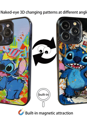 3D幻图闪卡史迪仔适用iphone15手机壳苹果14 pro max磁吸无线充电话保护套13史迪奇12magsafe蓝色卡通16防摔