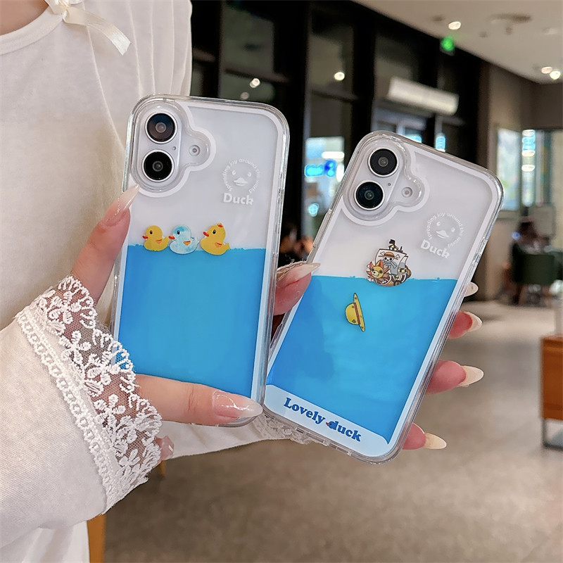 创意液体会动态游泳鸭子适用iphone14手机壳苹果13 Pro max电话保护套12三只鸭15海贼王11海盗船16pm