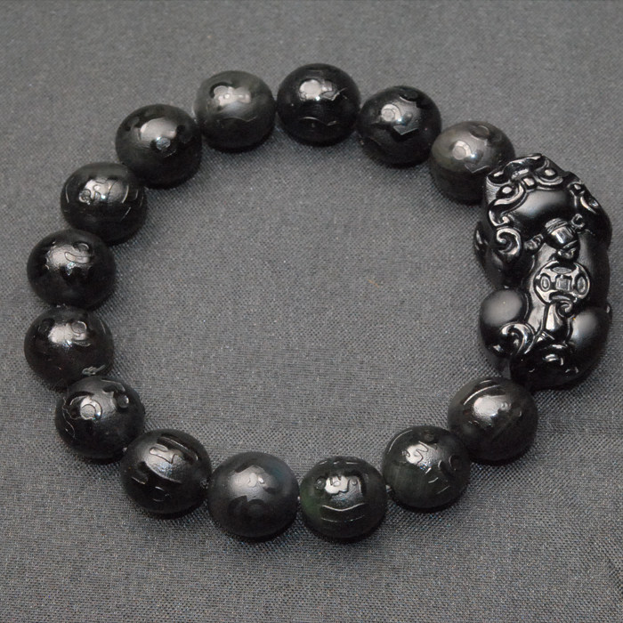 磨砂天然黑曜石貔貅手链 黑曜石皮丘手串 黑曜石六字真言