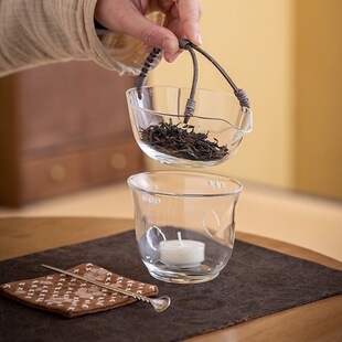手工提梁壶耐热玻璃藤编公道杯蜡烛温茶炉烤茶暖茶煮茶泡茶杯茶海