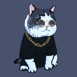 大号毛绒刺绣布贴金链猫眼镜猫DIY衣服装饰贴毛衣卫衣贴修补贴