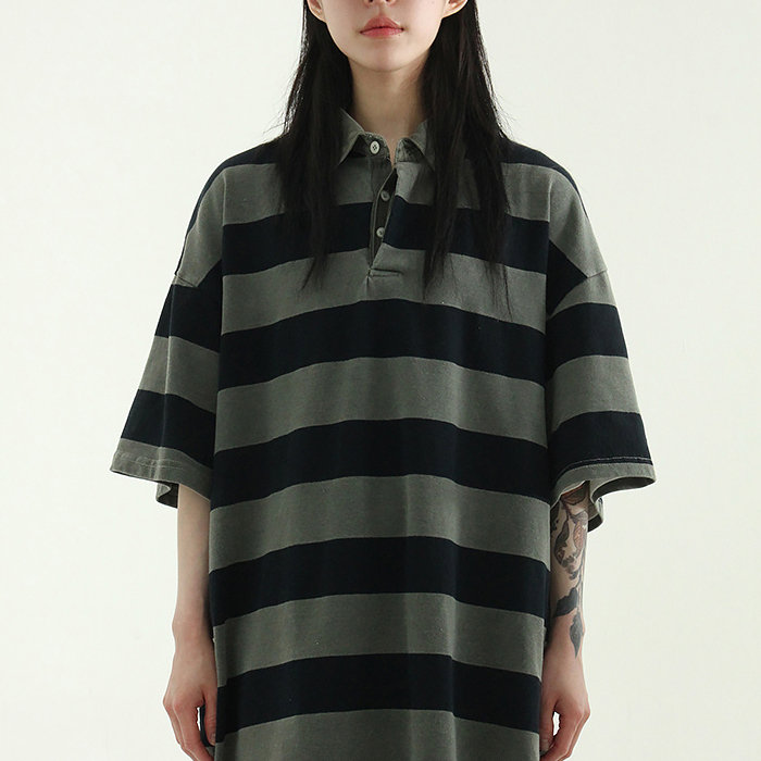 collar neck pigmented cotton stripe half tee (unisex)