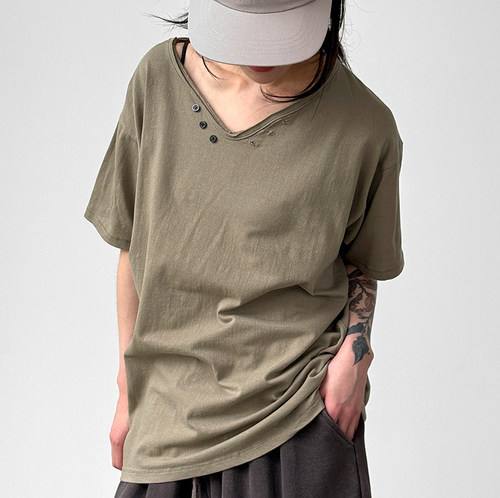 button V neck cotton half tee (unisex)