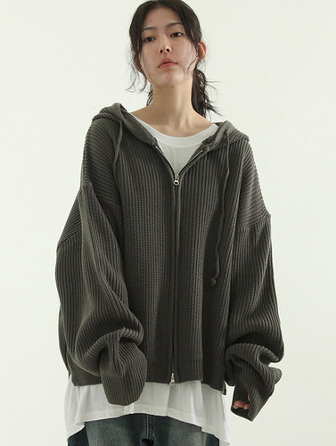 oversize hand warmer knit hood zip-up (unisex)