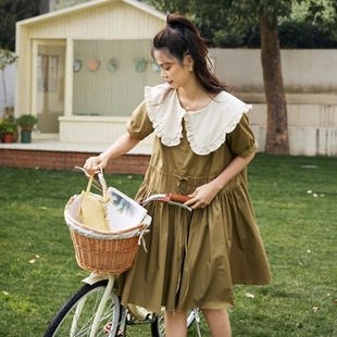 薇语大码 连衣裙撞色大翻领宽松短袖 夏款 女装 桔梗裙初恋小个子裙子