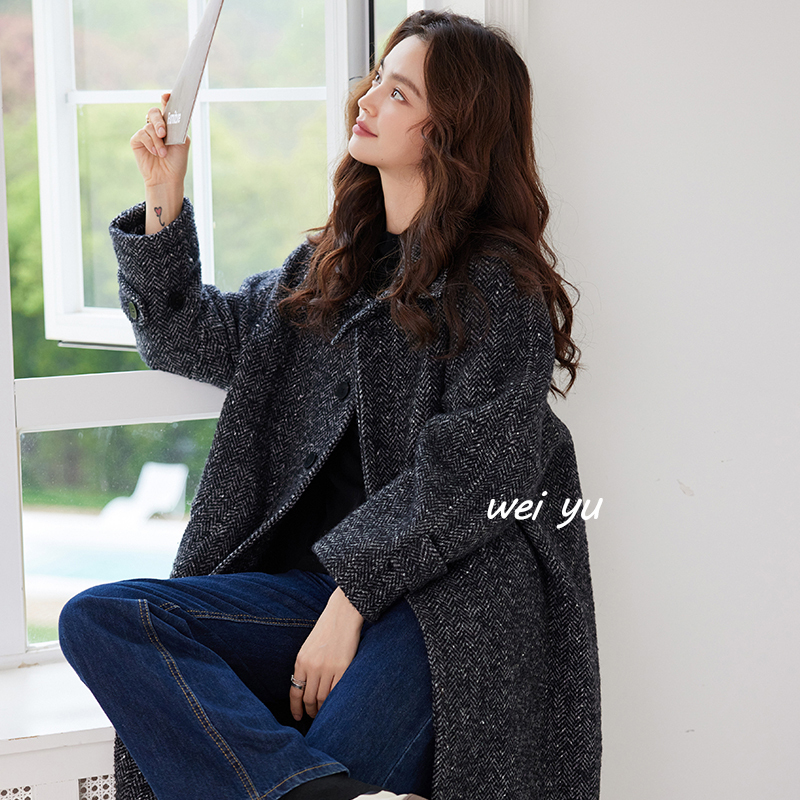 薇语大码女装人字纹呢子大衣女2025秋冬新款通勤高级感毛呢外套女
