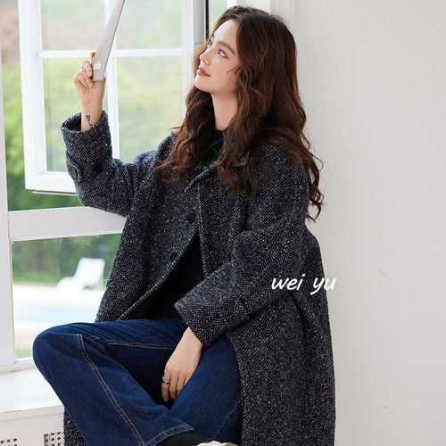 薇语大码女装人字纹呢子大衣女2025秋冬新款通勤高级感毛呢外套女