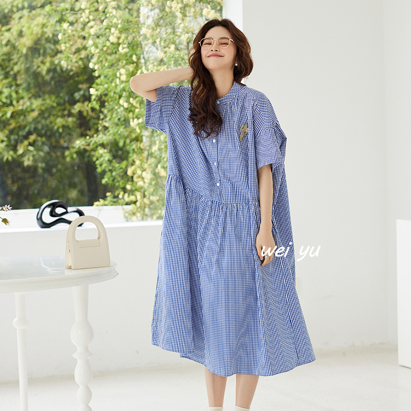 薇语大码女装胖mm格子连衣裙2025夏季新款小立领短袖宽松衬衫裙子