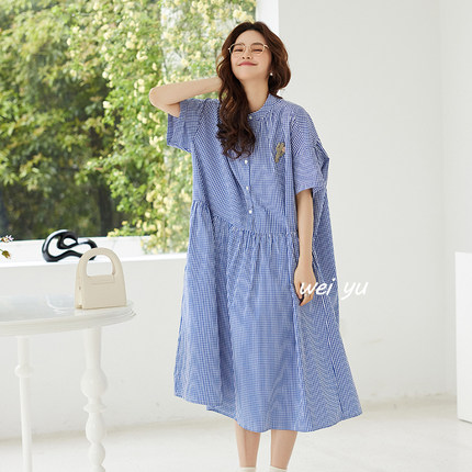 薇语大码女装胖mm格子连衣裙2025夏季新款小立领短袖宽松衬衫裙子