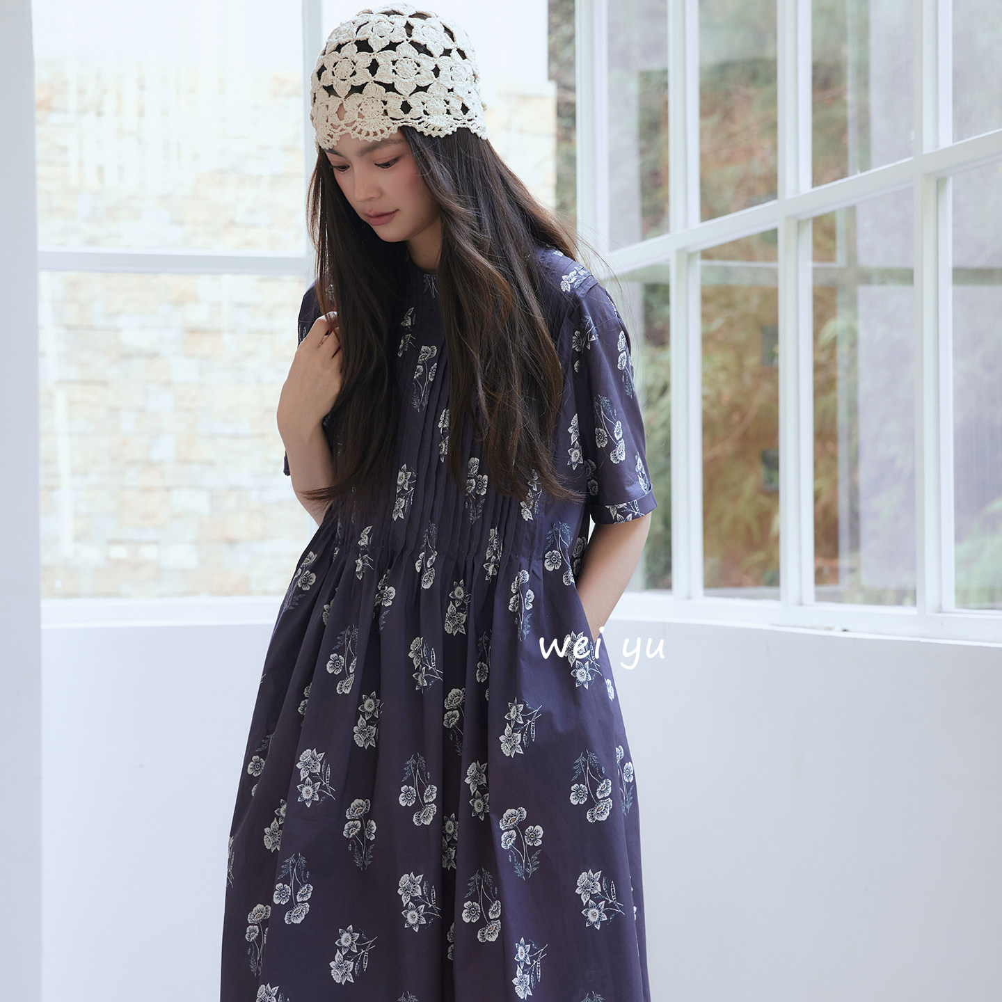 薇语大码女装韩版圆领棉短袖宽松裙子2026夏新款风琴褶印花连衣裙