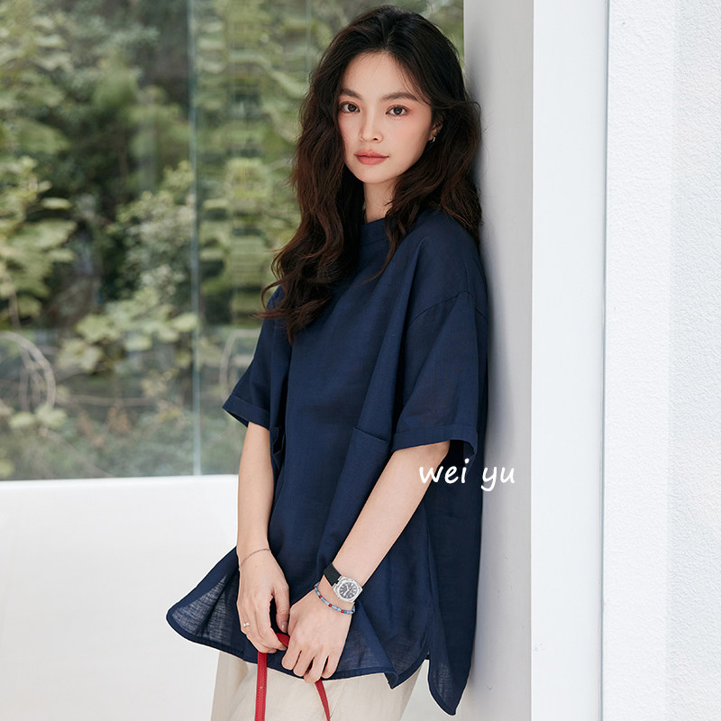 薇语大码女装工装风麻T恤2026春夏新款圆领半袖双口袋宽松上衣女