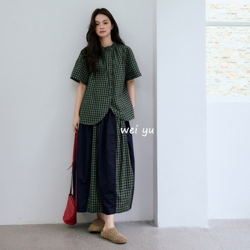 薇语大码法式不规则格子衬衫