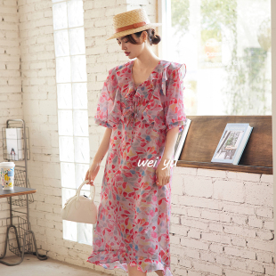 A字显瘦高级感宽松裙子 V领雪纺碎花连衣裙2024夏新款 薇语大码 女装