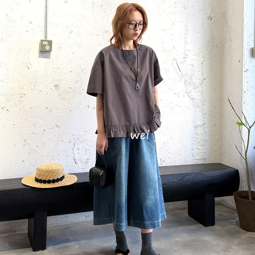 日系大码宽松荷叶边短袖T恤女