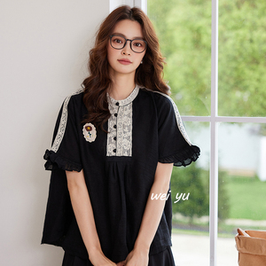 薇语大码女装蕾丝拼接上衣女2024夏新款高级感短袖宽松气质T恤女