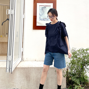 薇语大码女装2024夏新款木耳边上衣纯色显瘦通勤衬衫女设计感小众