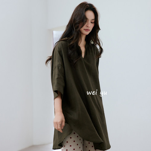 薇语大码小V领七分袖春季T恤