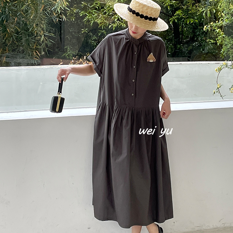 薇语大码女装胖mm纯色连衣裙2025夏季新款小立领短袖宽松衬衫裙子