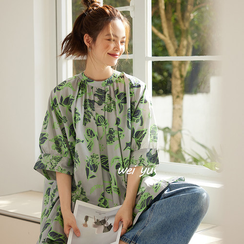 薇语大码夏碎花圆领半袖T恤