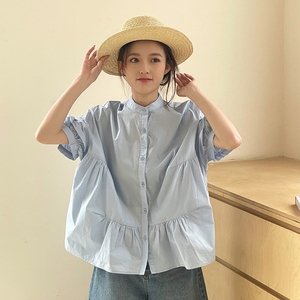 薇语大码女装韩版短袖衬衫2024新款简约宽松开衫小立领上衣设计感