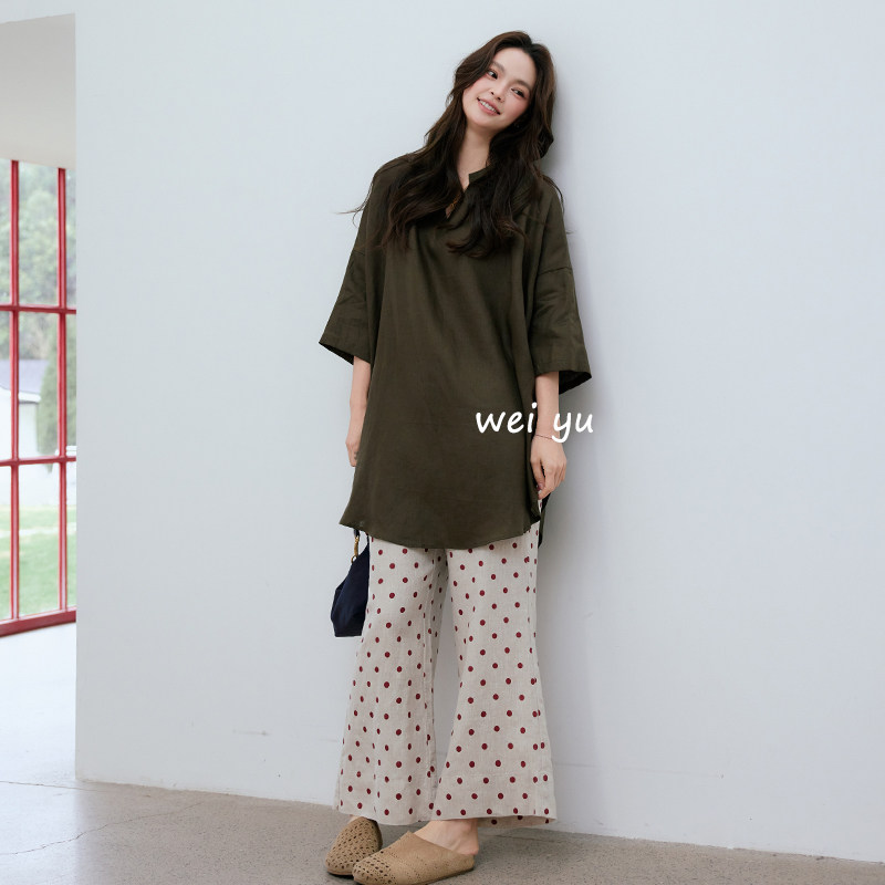 薇语大码女装麻面料波点微喇九分裤女2026春新款高级感休闲阔腿裤