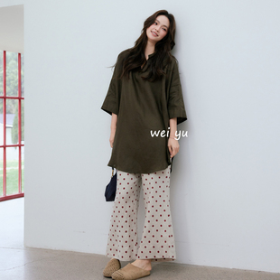 薇语大码女装麻面料波点微喇九分裤女2026春新款高级感休闲阔腿裤