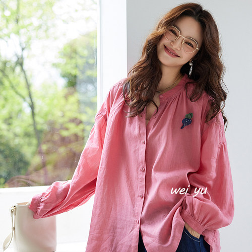 薇语大码女装高级感长袖亚麻衬衫女2025夏新款胖mm宽松纯色上衣女