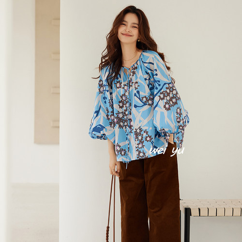 薇语大码V领系带长袖T恤宽松