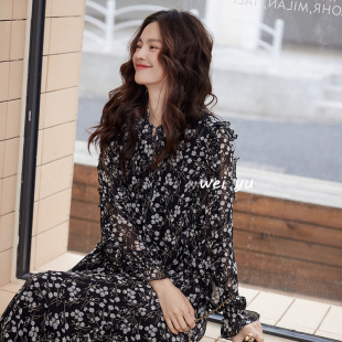 宽松法式 薇语大码 显瘦长袖 碎花雪纺连衣裙2024春夏新款 长裙 女装